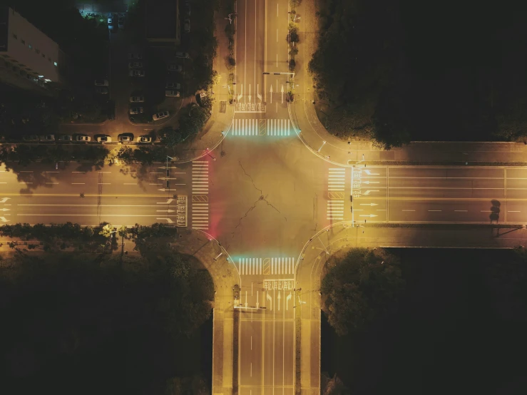 a view from above looking down at traffic and buildings