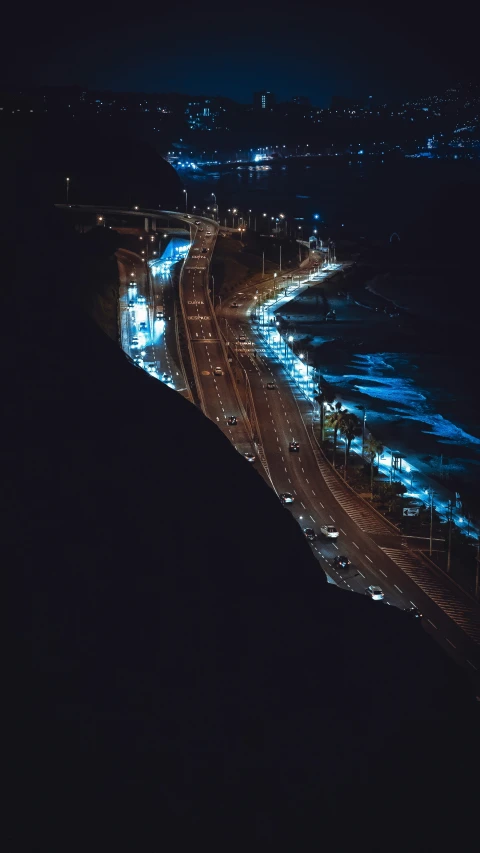 a night view of the beach from above