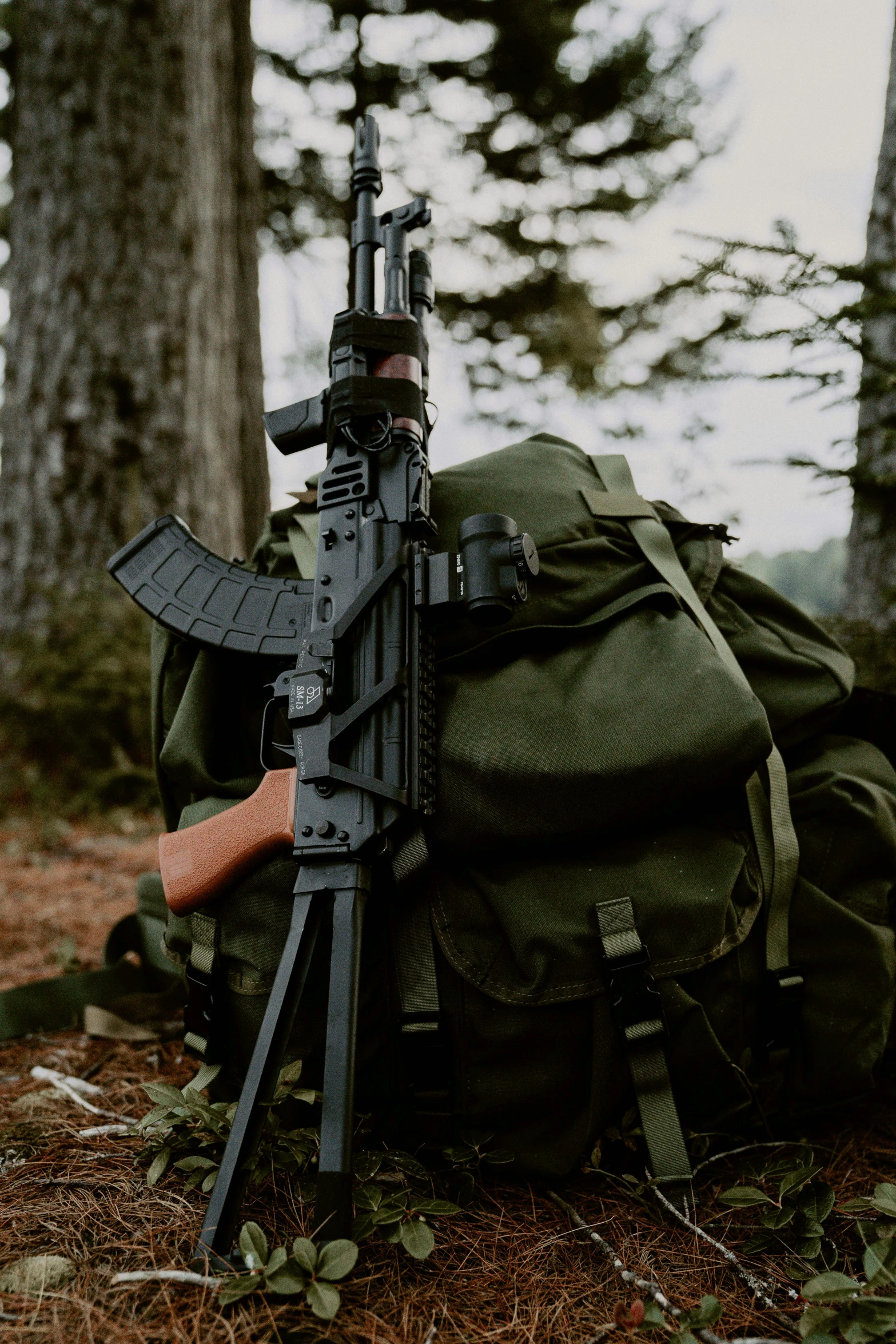 an army backpack is shown with guns resting in the tree - lined area