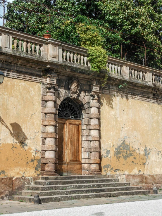 there is a building that has a door and steps