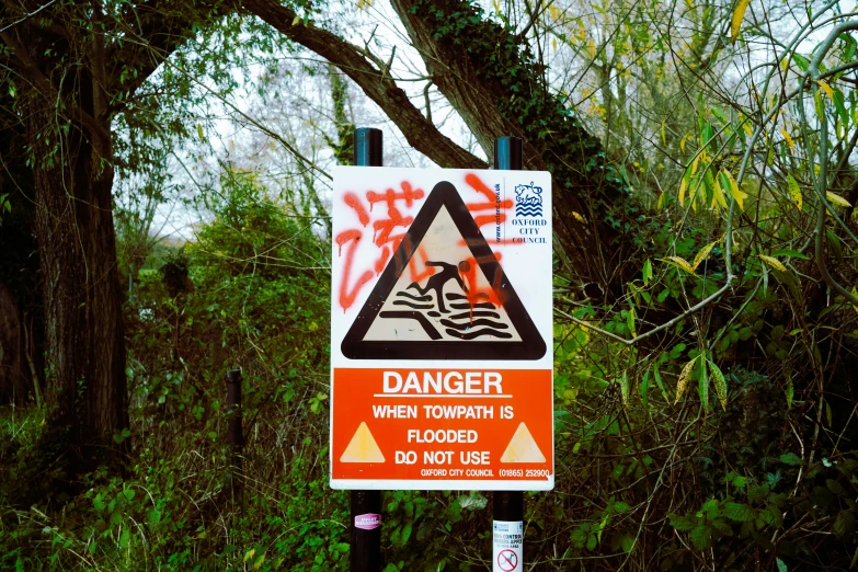 an upside down danger sign sitting next to a lush green forest