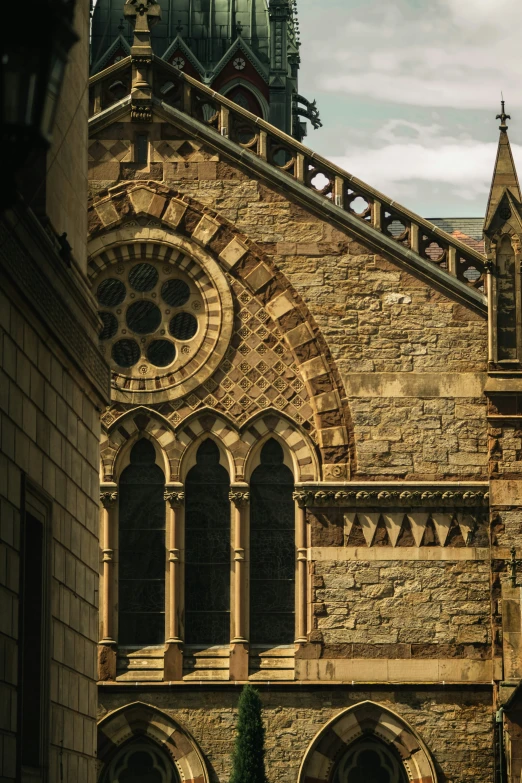 the side of a church with an arched window