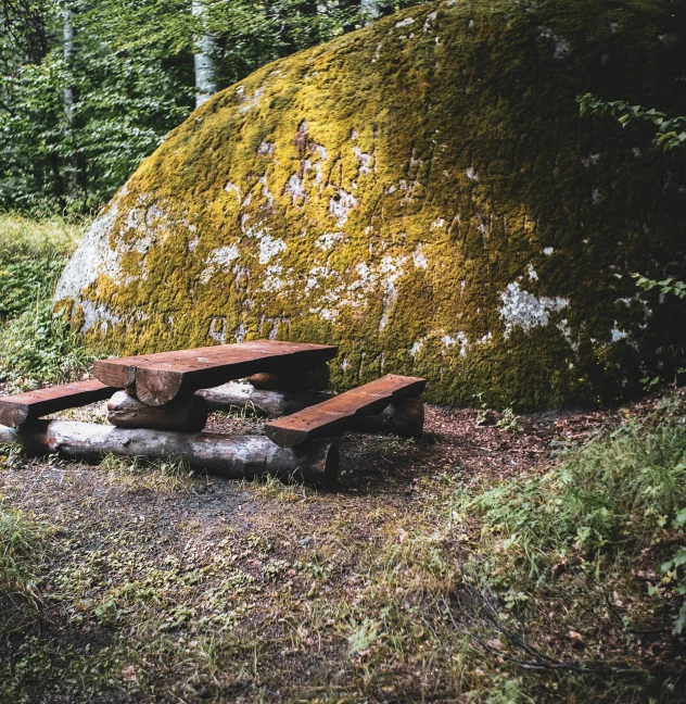 an old bench is surrounded by a green mossy rock
