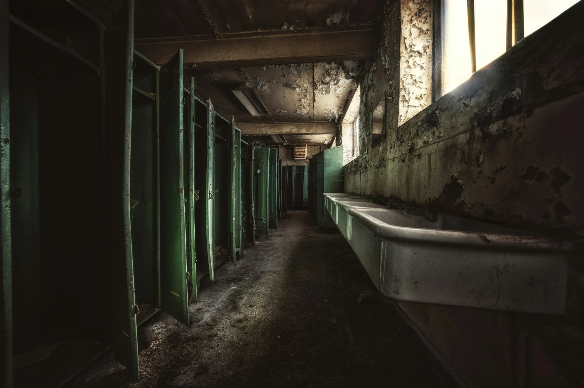 an old looking public restroom in a hospital