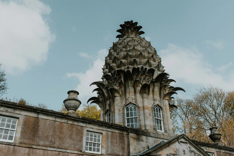 a tall building has a pineapple on the top