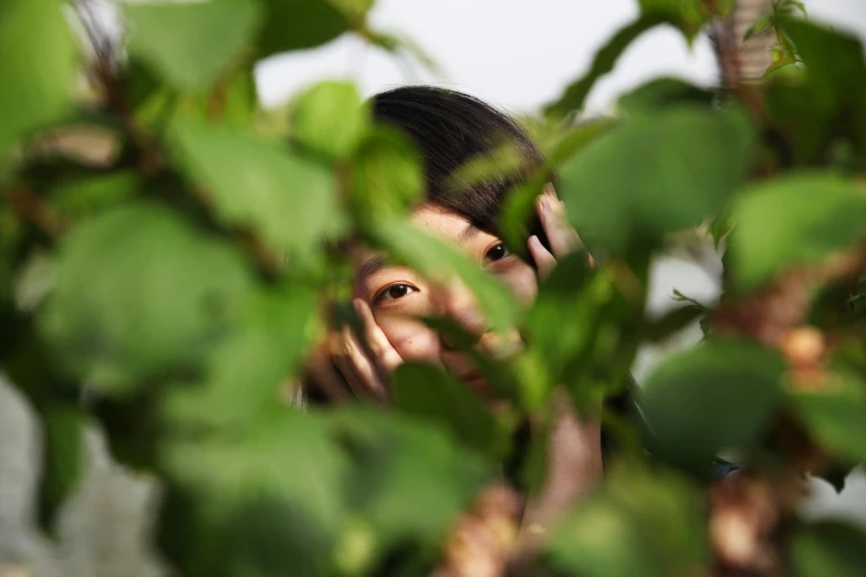a person that is behind some green leaves