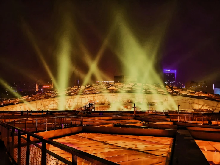 a large group of lights shining from above at night