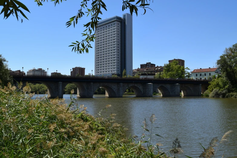 a very tall building near a bridge with trees in front