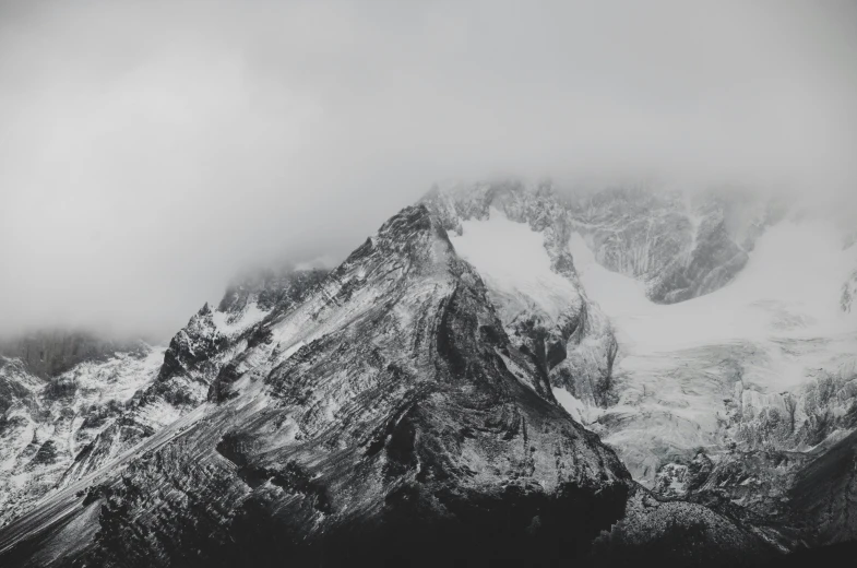 black and white pograph of a snowy mountain