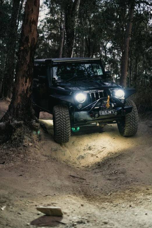 jeep in the woods at night on its wheels