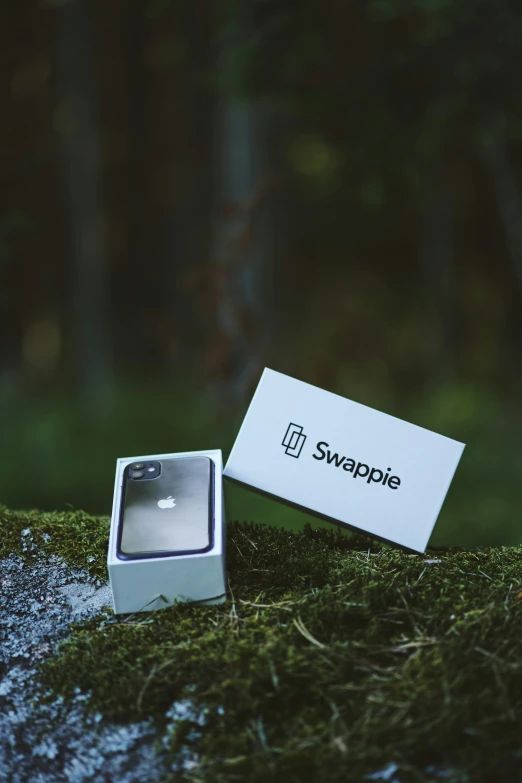 the apple iphone was left in its box on the mossy ground