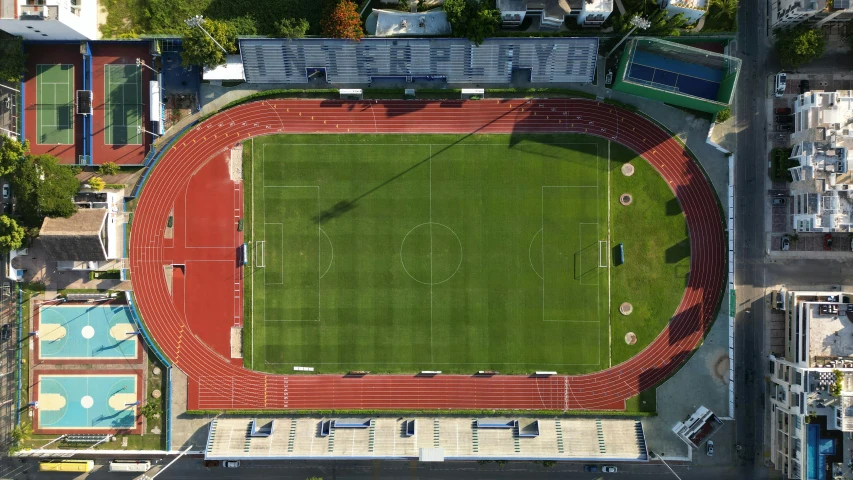 an aerial s of an empty stadium with the field in view
