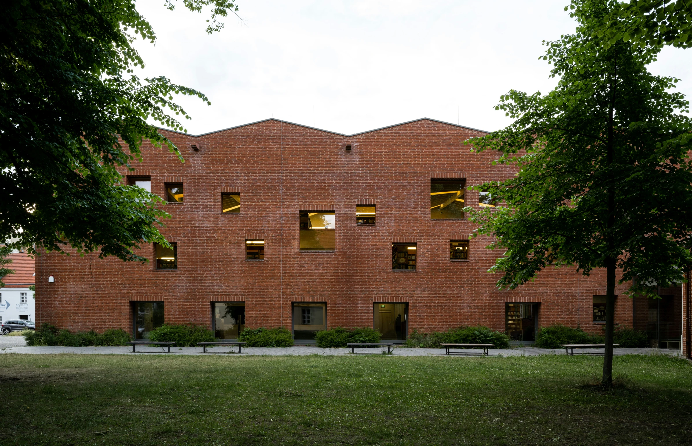 a group of trees are outside near a building