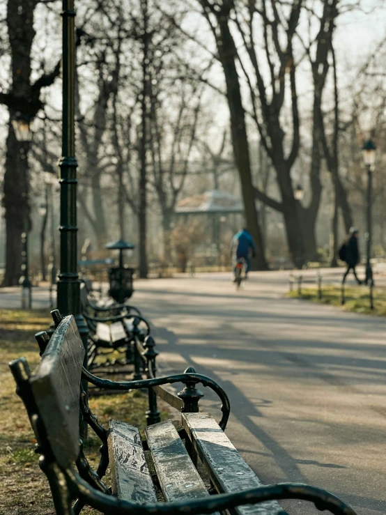 benches in the park along the path with people on bikes