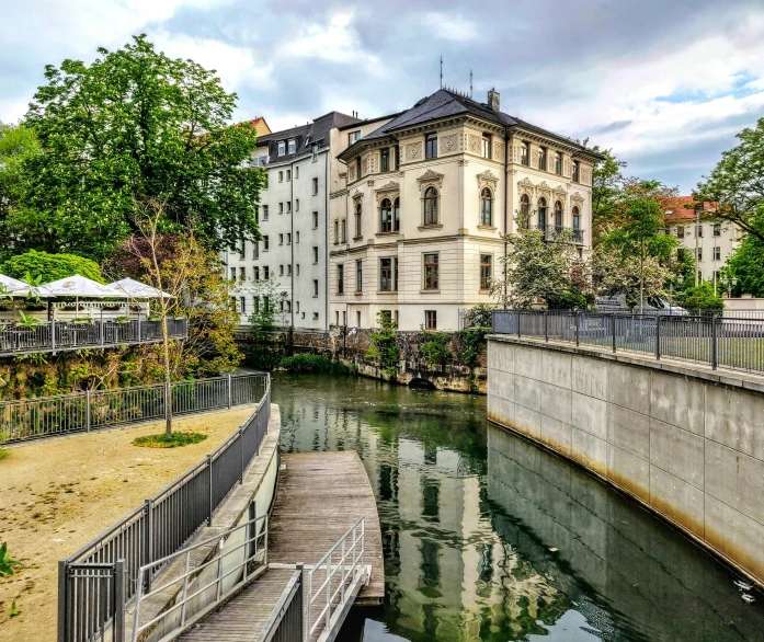 a building on the other side of the water