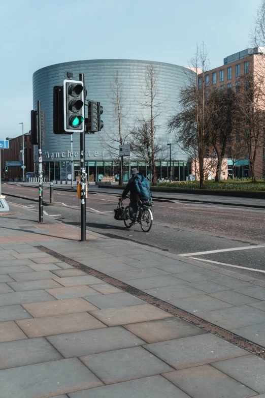 a person on a bicycle riding along side a traffic signal