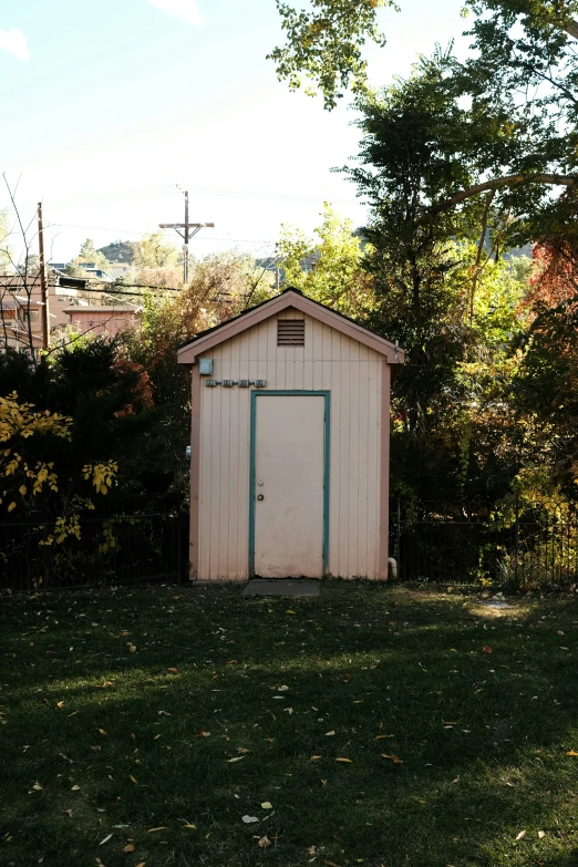 there is a outhouse in a backyard with grass