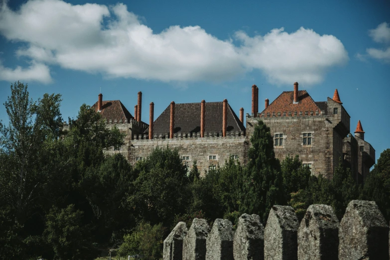 a castle and some trees and a stone structure