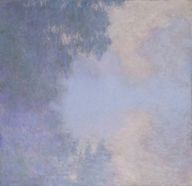 a painting of blue and pink tones with trees