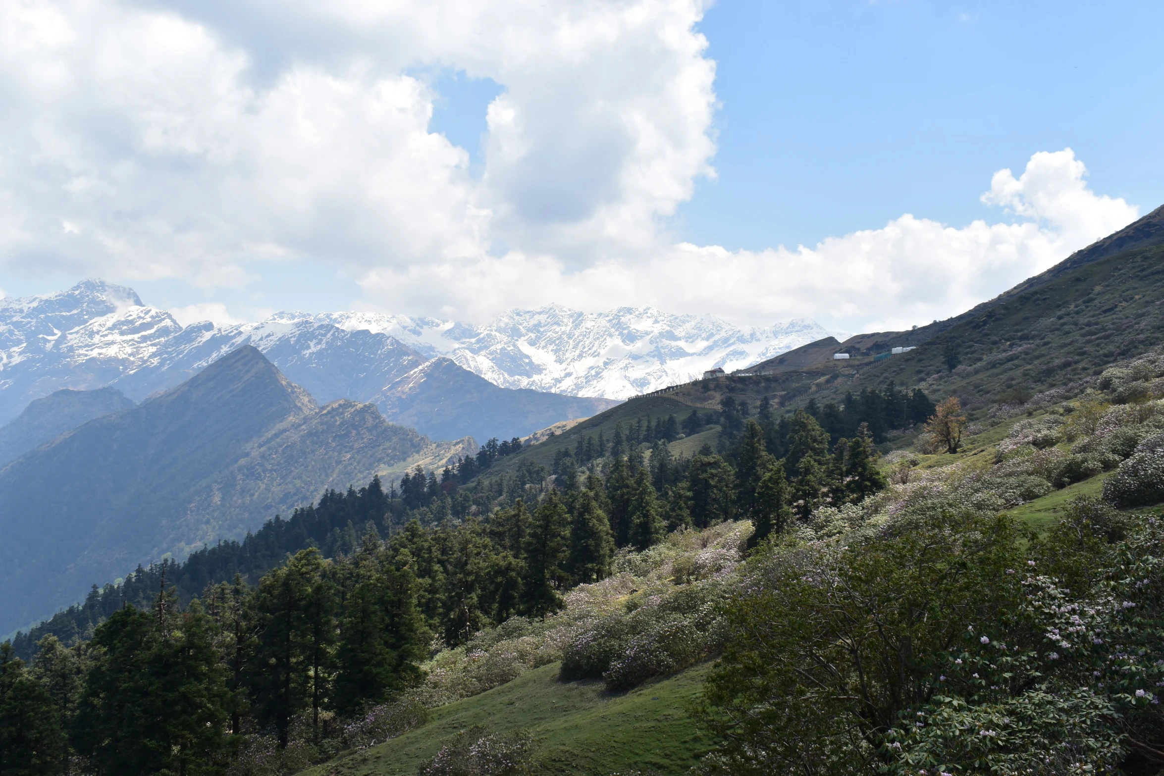 a view of the mountains from the side of a grassy hill