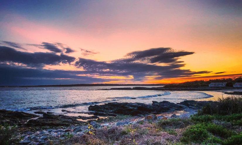 a sandy beach covered in lots of grass next to a rocky shore