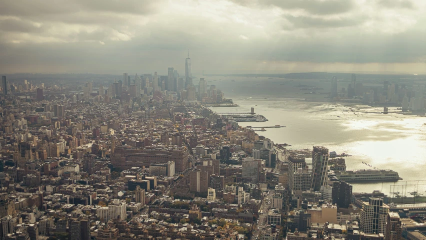 the skyline is visible from above in this aerial po