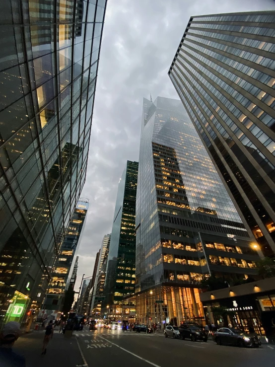 a city street lined with tall buildings