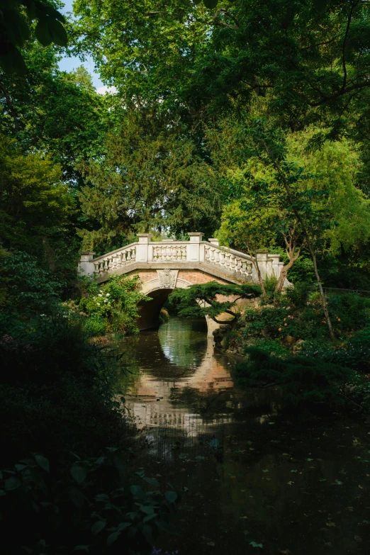 a white bridge over a small river surrounded by green foliage