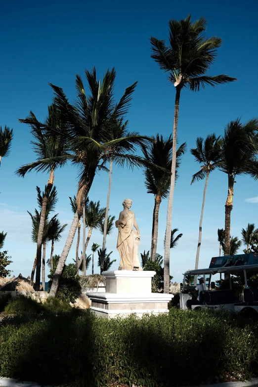 a statue in front of palm trees on the beach