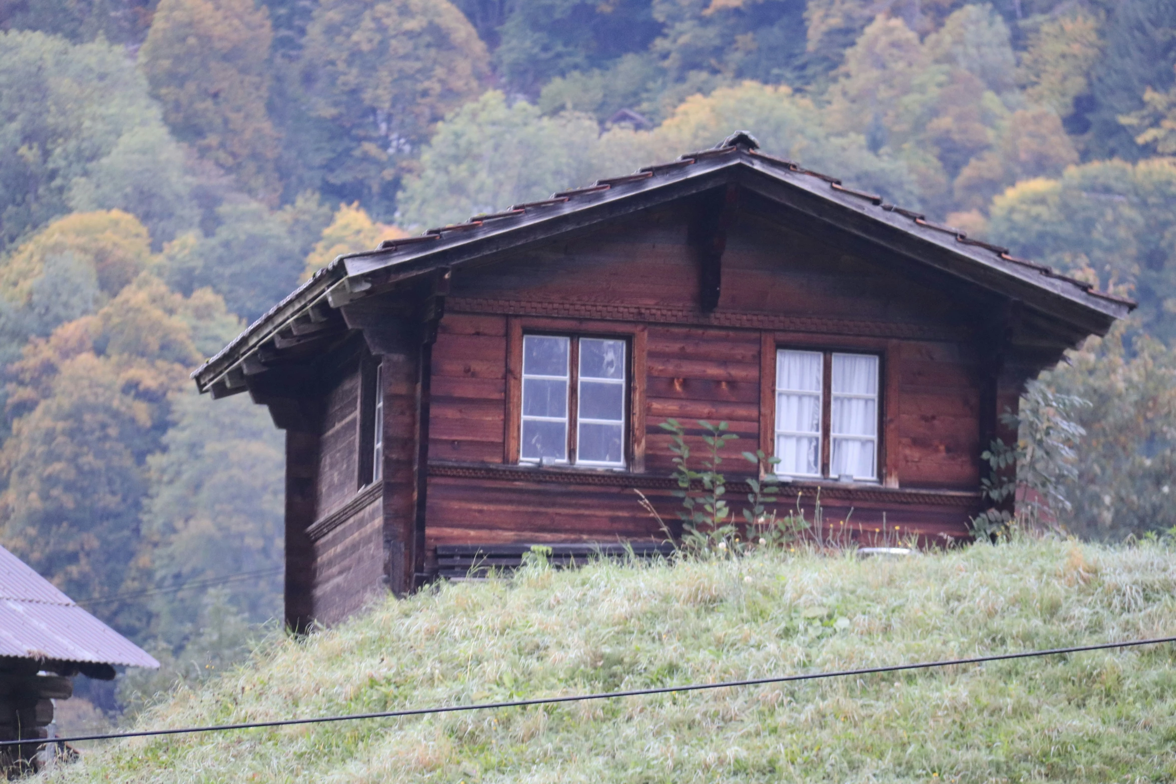 the wooden cabin is made up on a hill