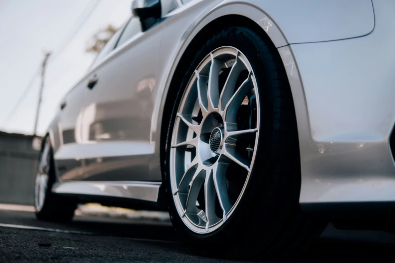 a close - up of the tire of a silver car