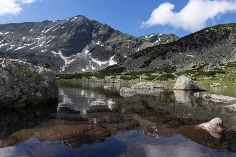 mountains reflecting in the water of a mountain lake