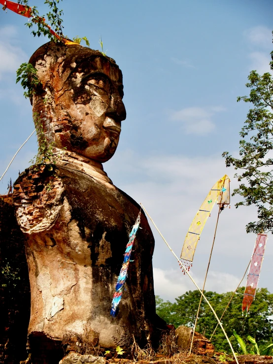 a buddha statue in front of a tree and an asian flag