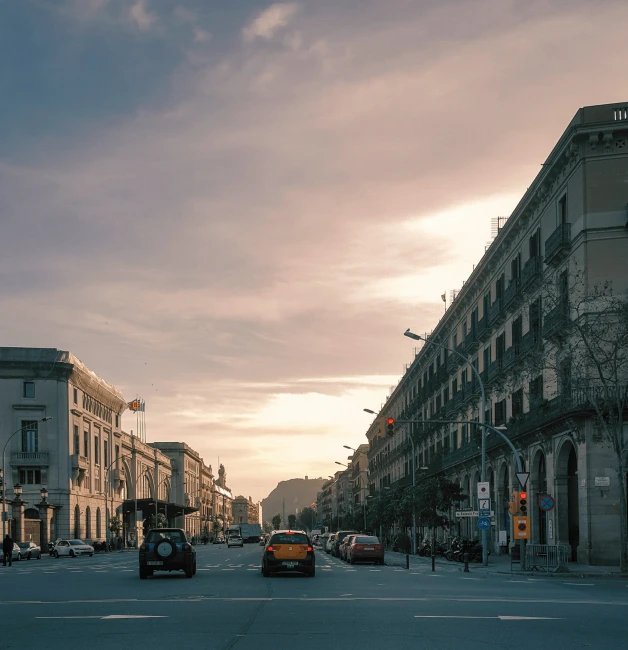 a city street with a line of buildings