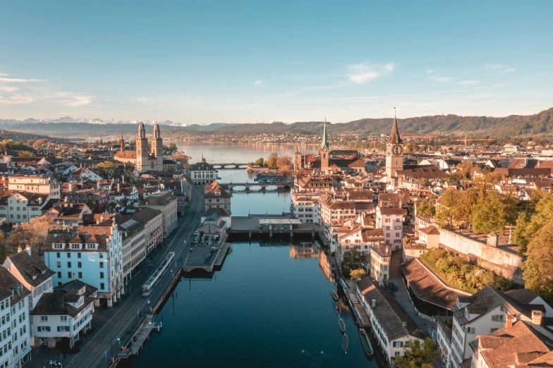 aerial view of the river and buildings in a city