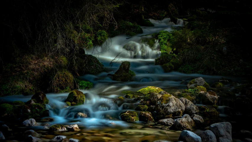 stream passing by a mountain side in the woods