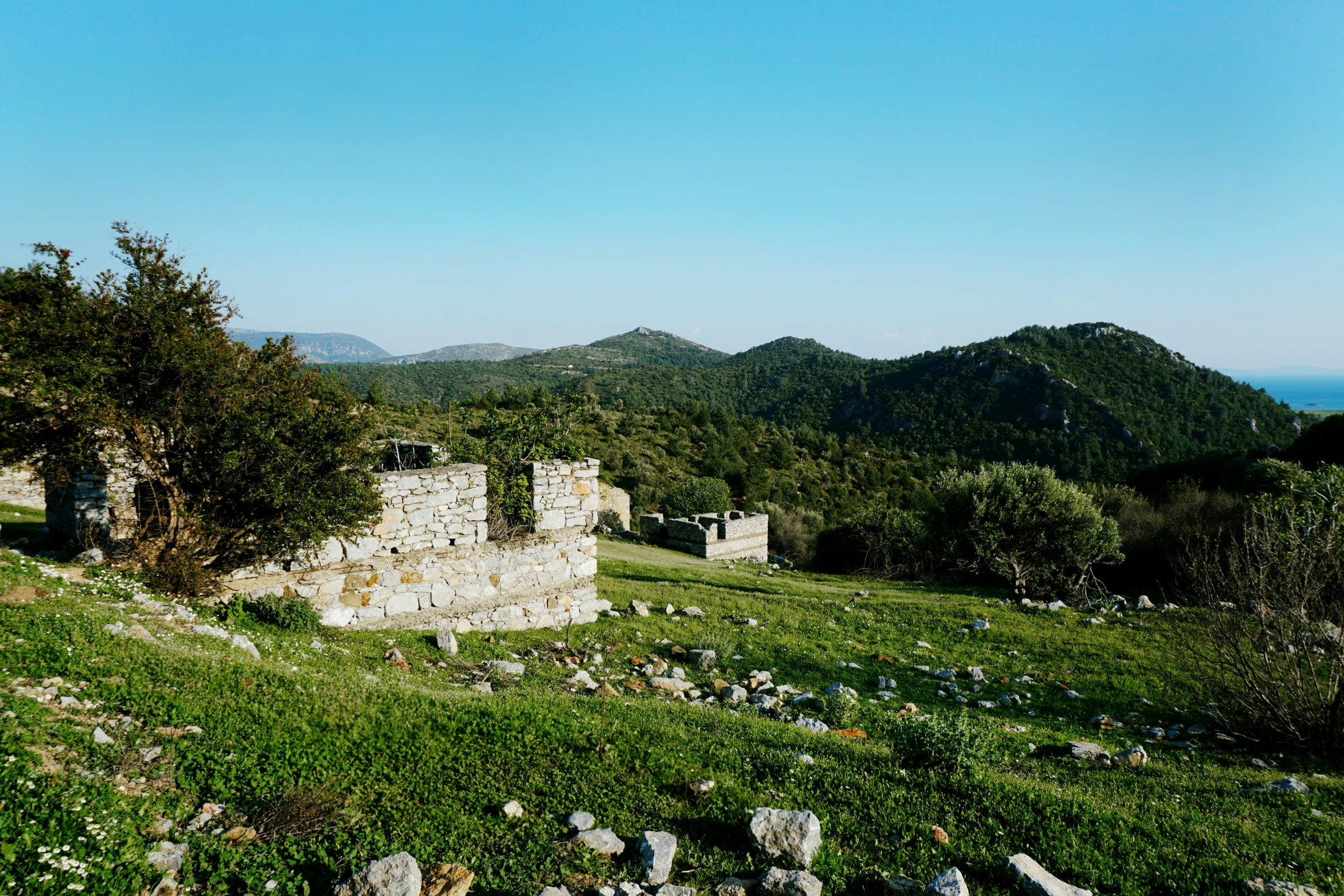 stone castle ruins on the side of a mountain in the mountains