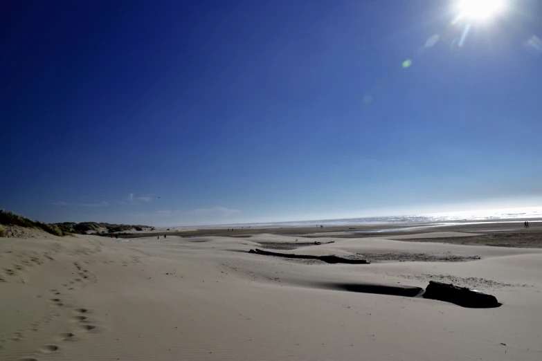 footprints and dirt patches on an empty sandy beach