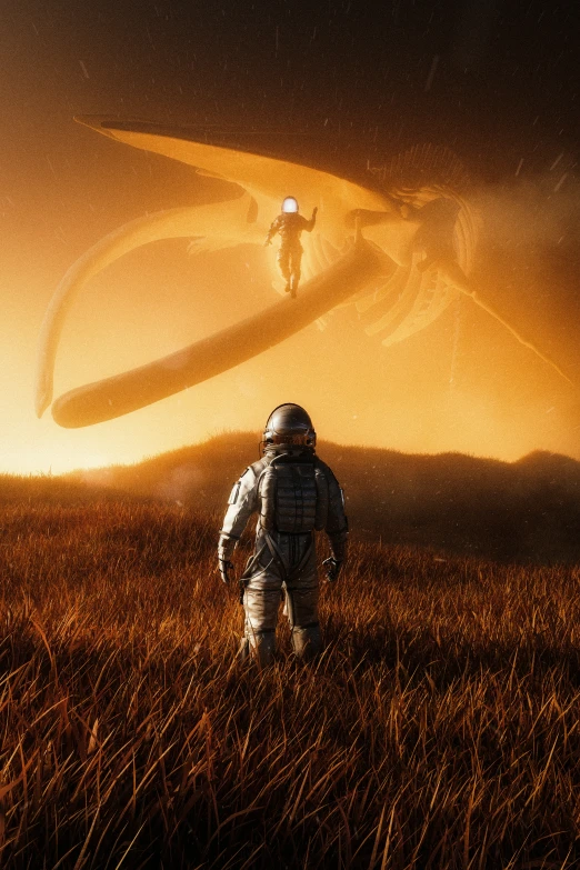 a person in an astronaut suit walking through the grass towards two things