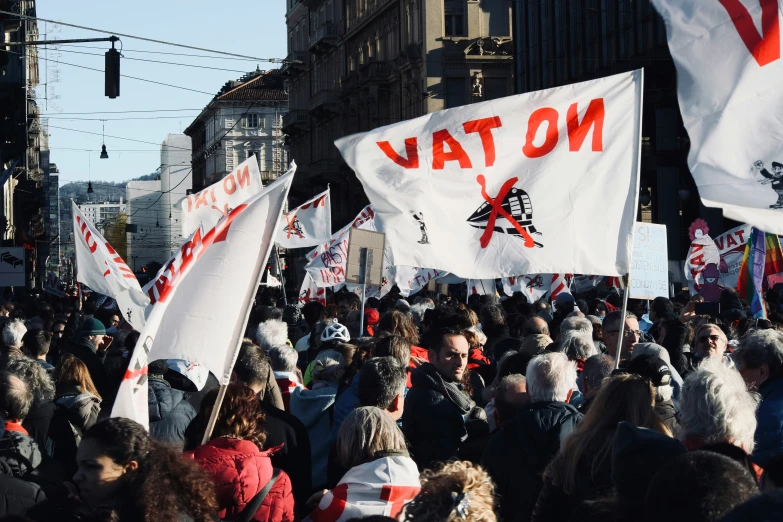 a large group of people marching with flags