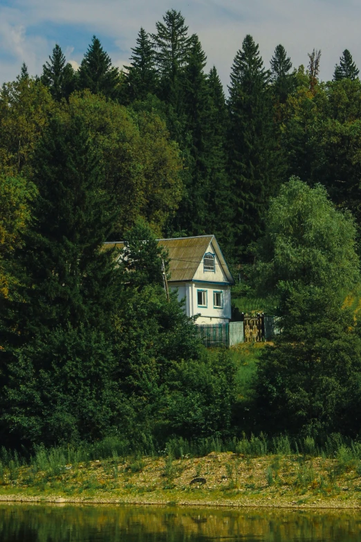 a small house is seen behind some trees