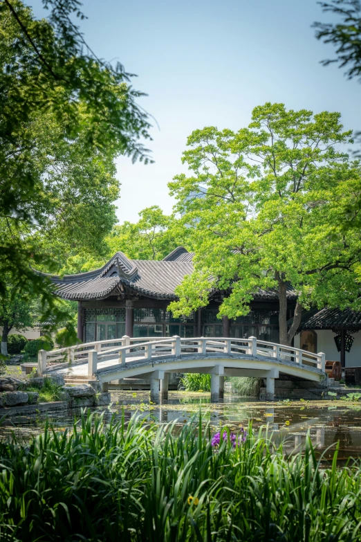 bridge over water leading to a house with an oriental style roof