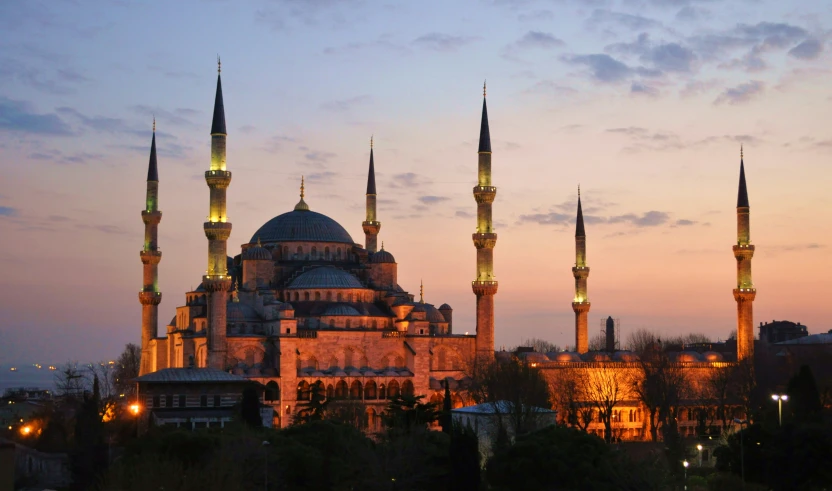 the minalis of a beautiful mosque in the evening