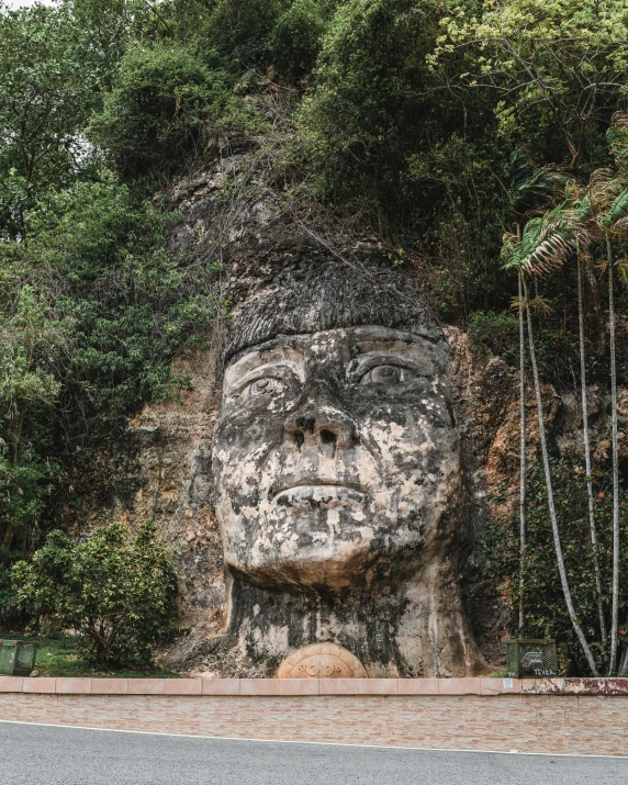 a large carved face on top of a rock wall