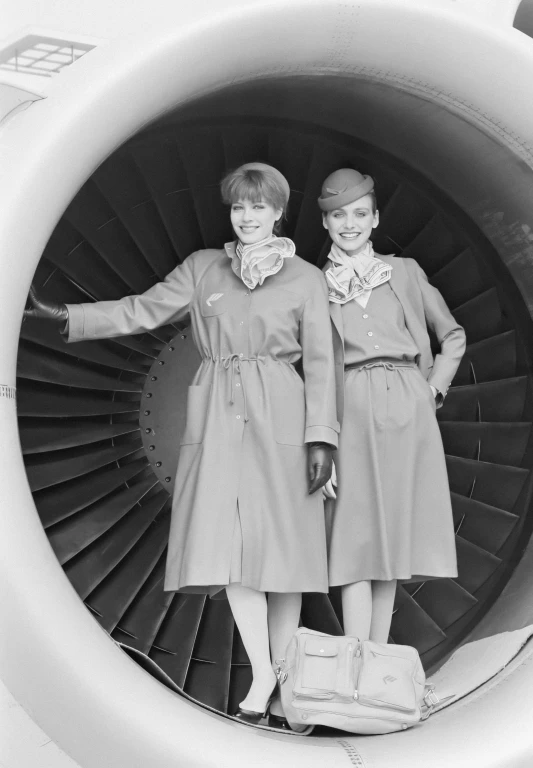 an old po of two women standing next to each other by an airplane's stairs