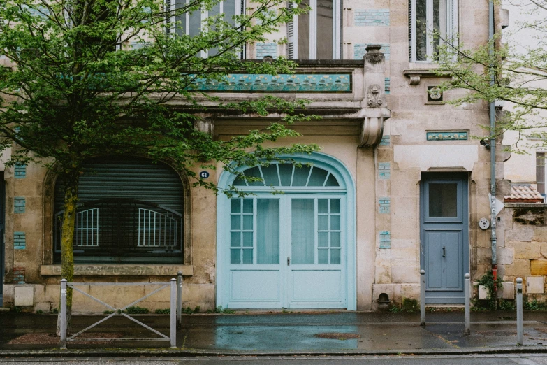 a blue front door is next to a tree