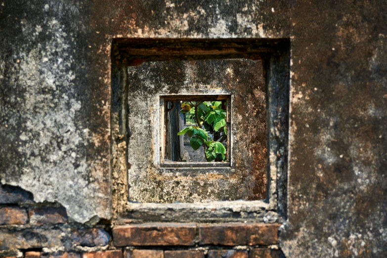 a window is in the middle of a stone wall