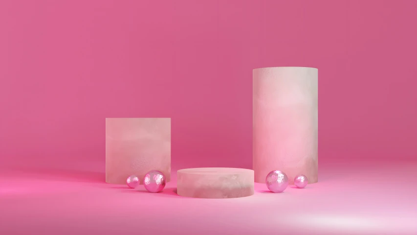 an assortment of pink vases on a plain background