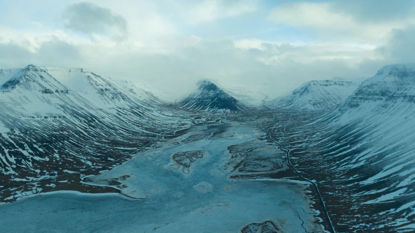 snowy landscape with mountains and river in distance