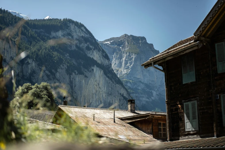 a row of houses with a mountain in the background